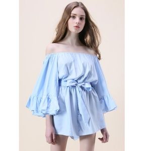Chicwish Pants - NWT Chicwish blue ruffle off-shoulder romper Chicwish Pants - NWT Chicwish blue ruffle off-shoulder romper